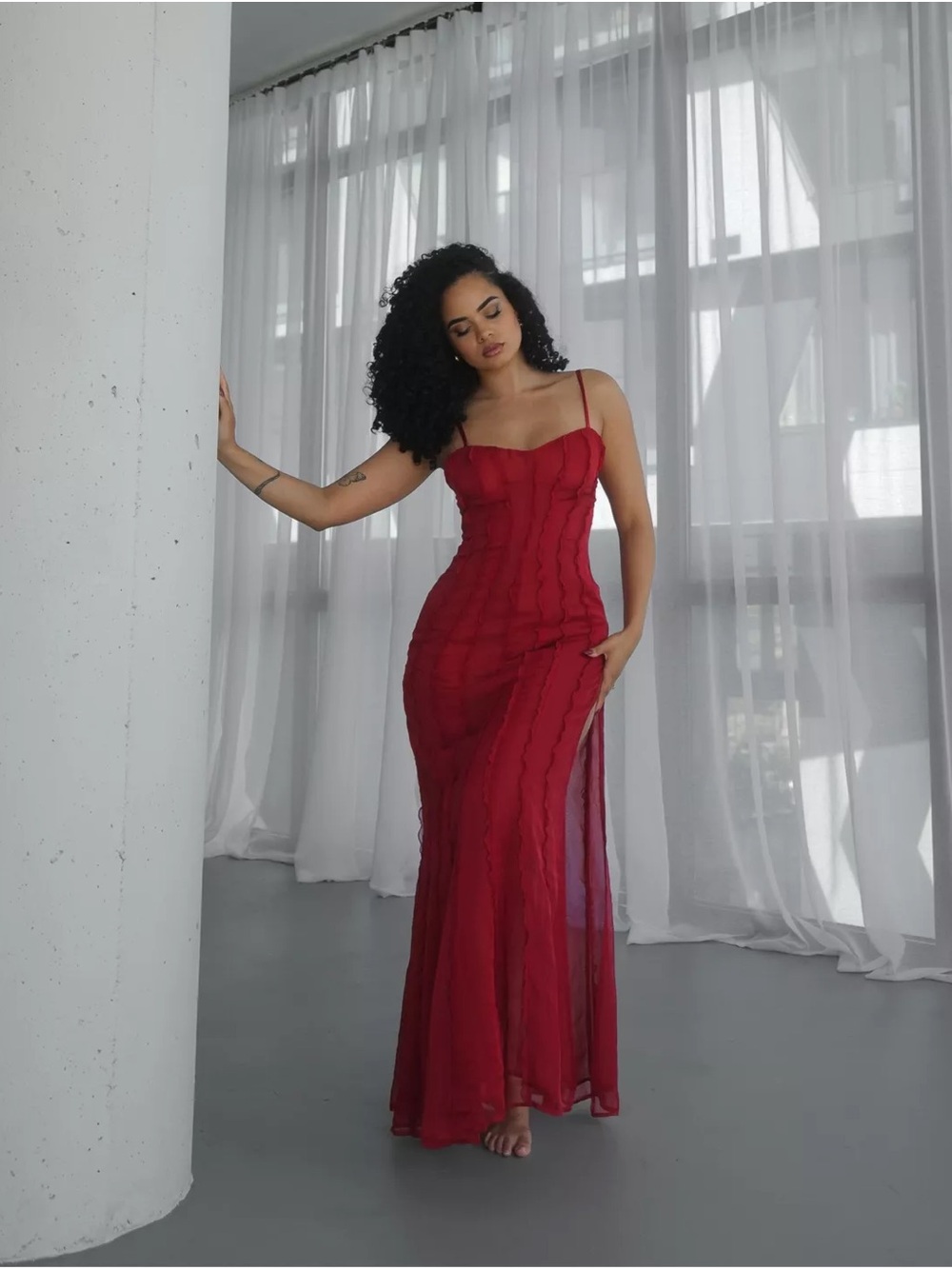 Red Sheer Slip Maxi Dress with Spaghetti Straps